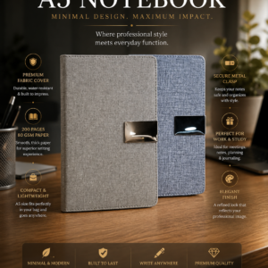 Imported Premium A5 Fabric Notebook with Magnetic Lock | 200 Pages, 80 GSM Paper | 100 Years Calendar, Monthly Planner, Graph & Perforated Square Pages. Code ADP. MOQ 20ps.