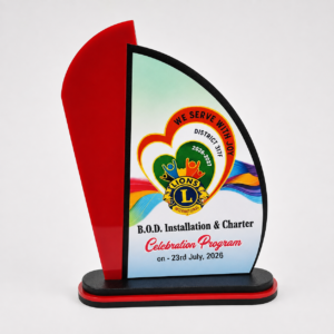 Customized Corporate Memento Trophy | Personalized Award with Logo, Name & Event Details | Red & Black Designer Tabletop Award Material-Acrylic & MDF 17X11CM (BASE-14X4.5CM) ||ATO||