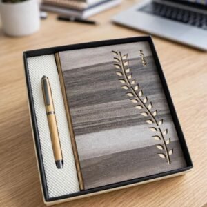 Model 209. 2in1 Premium Wooden Notebook & Pen Gift Set with Designer Leaf Cutwork. Code AEC. MOQ 10ps