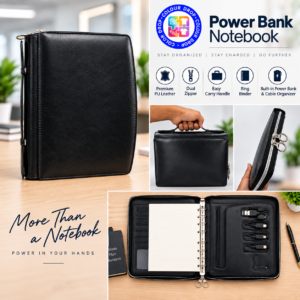 Powerbank Notebook Model. PB 23,Premium 5000mAh Power Bank Notebook with Zipper Folder & Ring Binder. Code ADOO.  MOQ 5ps