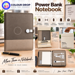 Model. PB 09.  Premium A5 Power Bank Notebook with 10000mAh Battery, Wireless Charging, Lamp, Pen & Mobile Holder. Code DSOO. MOQ 5ps.
