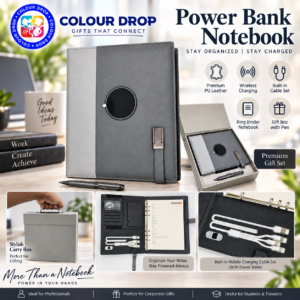 Model. PB18.  Premium A5 Power Bank Notebook Gift Set with 10000mAh Battery, Lamp, Pen & Mobile Holder. Code DAOO. MOQ 5ps.
