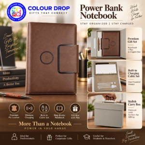 Model. PB 02. Premium Smart Power Bank Notebook with 10000mAh Battery, Wireless Charging & Bluetooth Speaker. Code DDOO. MOQ 5ps