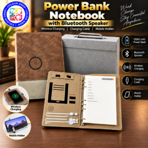 Model PB 20. Premium Power Bank Notebook with Bluetooth Speaker | 10000 mAh Wireless Charging Smart Notebook | Mobile Stand & Multi-Utility Organizer. Code DTOO.  MOQ 5ps.