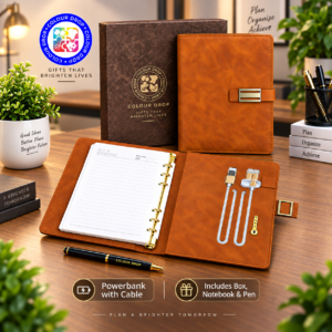 Model PB 12. Premium 8000 mAh Power Bank Notebook Gift Set with ATM Card Holder, Pen Drive, Charging Cable & Pen. Code APOO. MOQ 5ps.